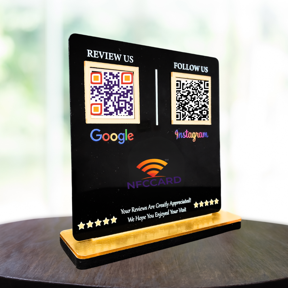 Black QR NFC Standee | 2 QR Code Contactless Display | Social Media, Payment & Custom Logo Sign