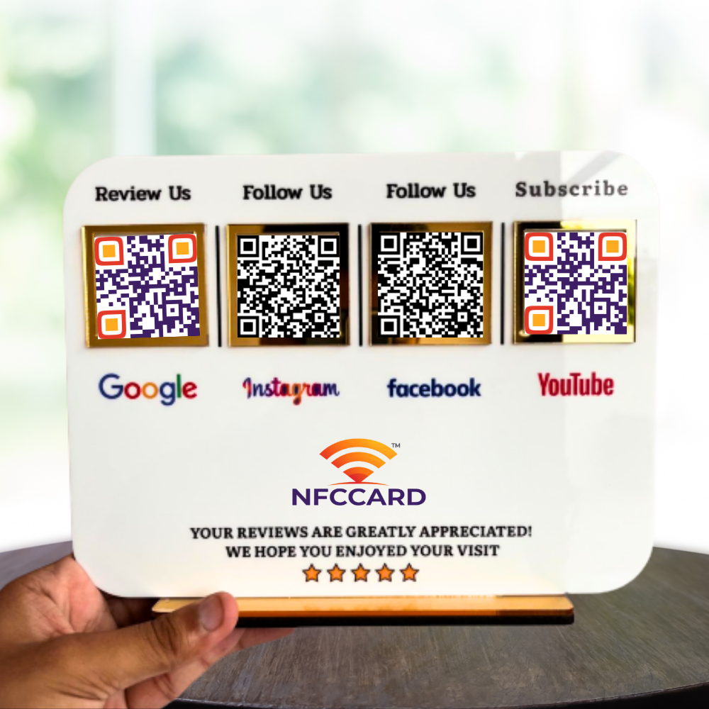 4 QR NFC Acrylic Standee | Contactless Payment & Social Media Display | Custom Logo Business Sign