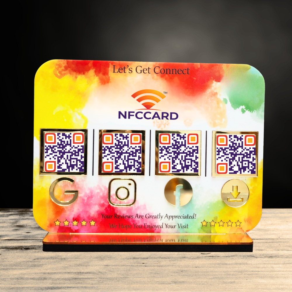 Smart Colorful Acrylic QR NFC Standee with 4 QR Codes for Business | Contactless Display for Payments, Social Media & Custom Logo