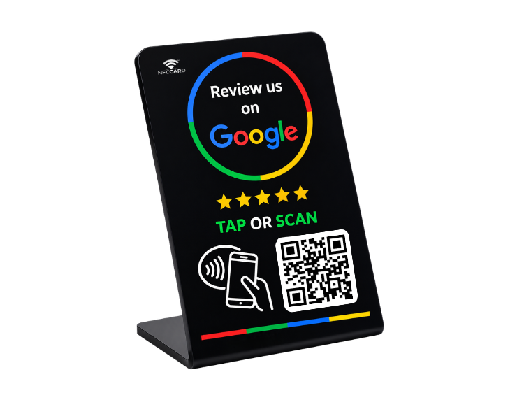 Google Review Standee by NFCCARD – NFC Tap & QR Code Sign for Restaurants, Salons, Retail & Front Desks