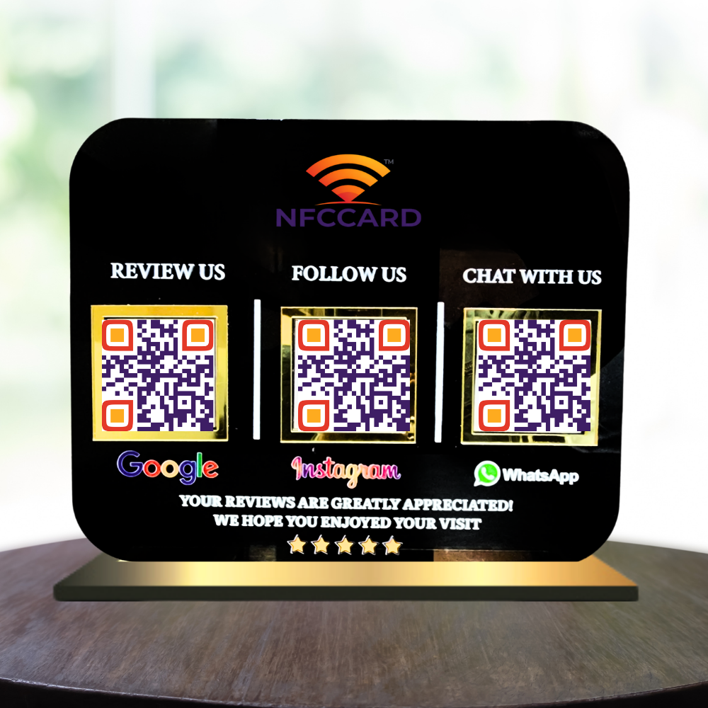Black QR NFC Standee with 3 QR Codes for Business | Contactless Display for Social Media, Payments & Custom Logo | Digital Tabletop Sign