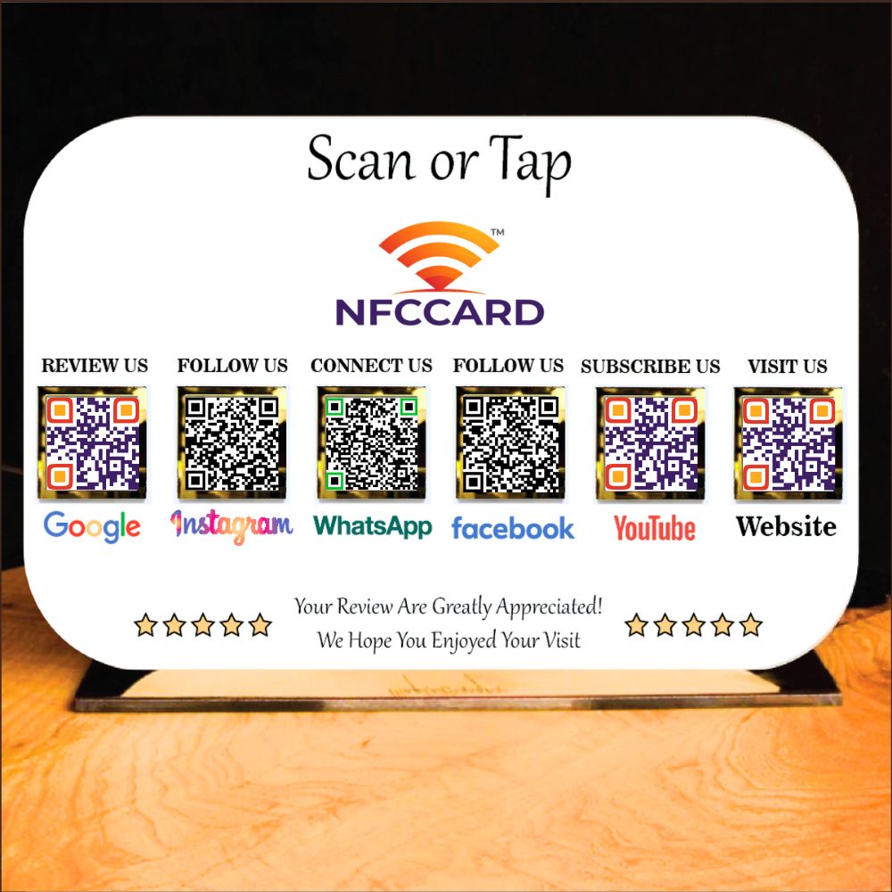 NFC Multi QR Code Standee (6 Codes) | Contactless Digital Sign for Social Media, Payments & Reviews