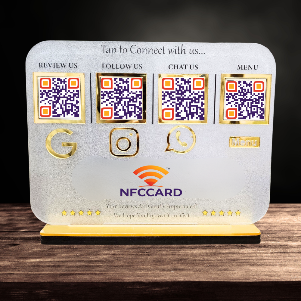 Premium Acrylic QR NFC Standee with 4 QR Codes (Vertical) for Business | Contactless Display for Social Media, Payments & Custom Logo