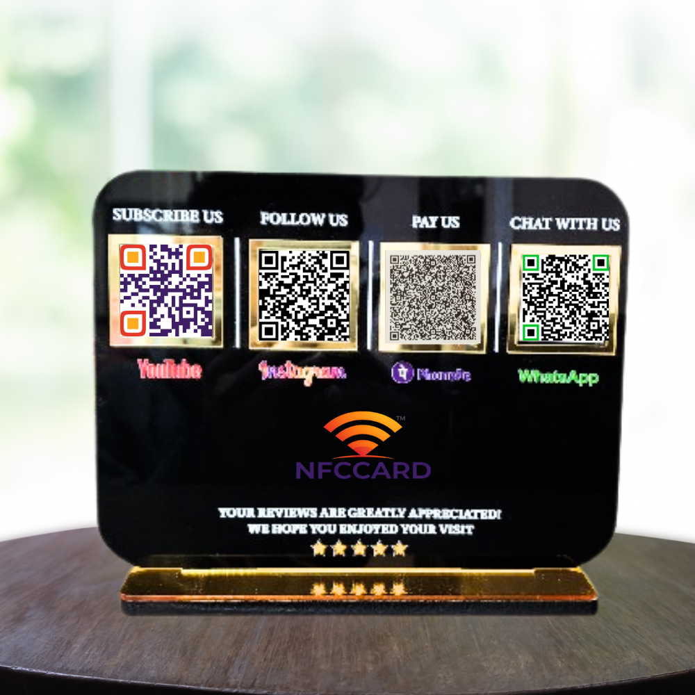 Black NFC QR Standee | 4 QR Code Contactless Display | Social Media, Payment & Custom Logo Sign
