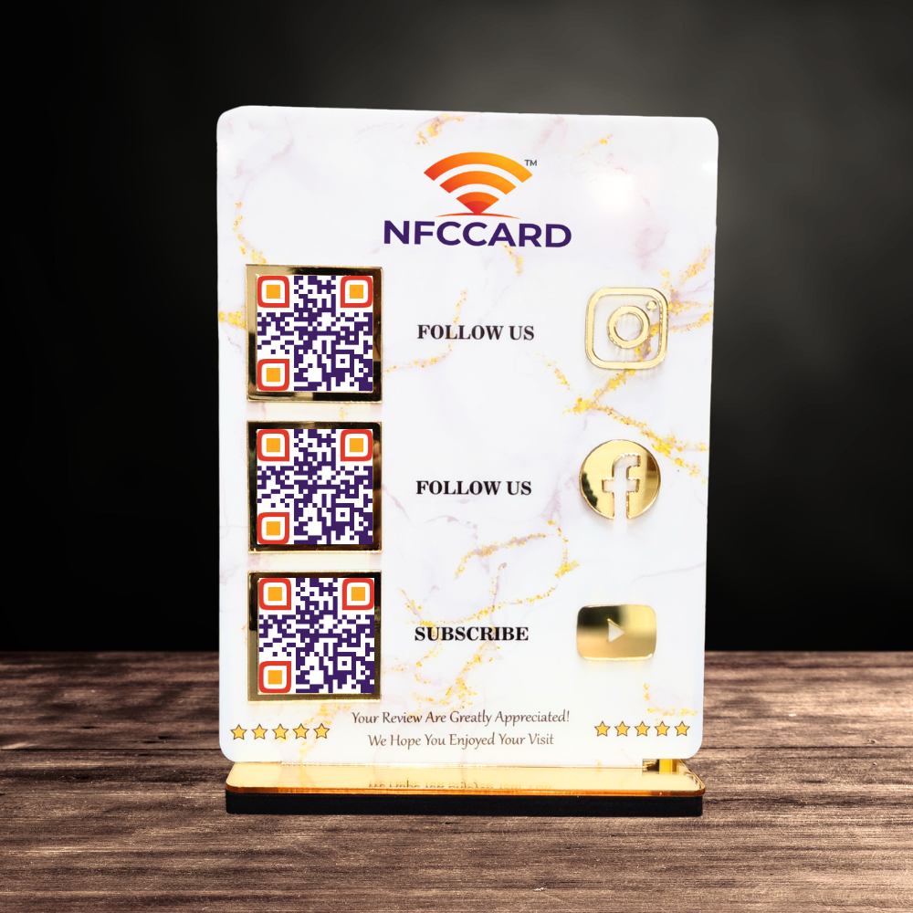 Acrylic Marble QR NFC Standee | 3 QR Code Contactless Display for Google Review, Payment & Social Media